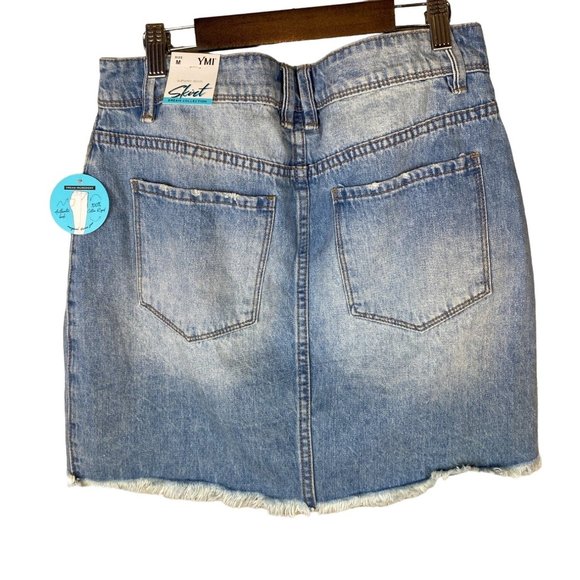YMI Dream Collection Rigid+Stretch Denim Ripped Mini Skirt Blue Womens SZ M NWT - Picture 4 of 9